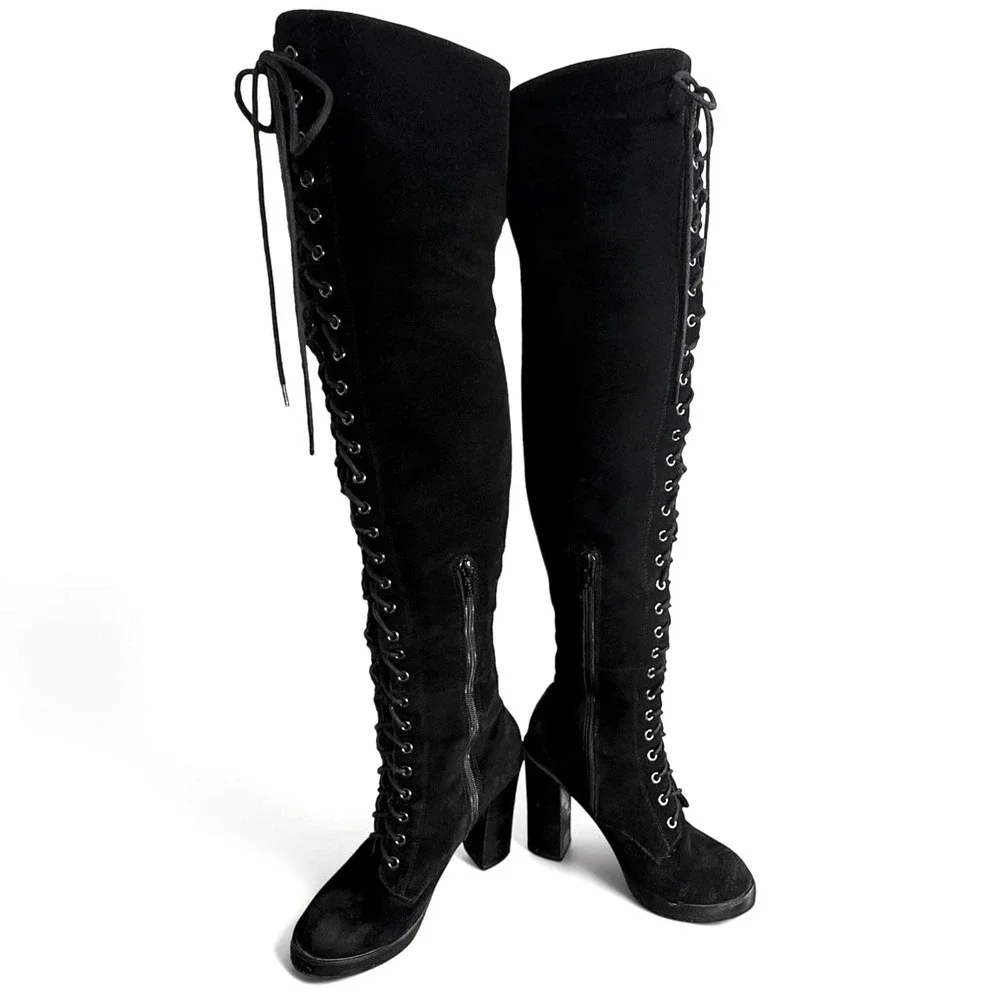 Aldo Black Suede Over The Knee Lace Up Boots Block Heel Lug Sole Womens Size 7